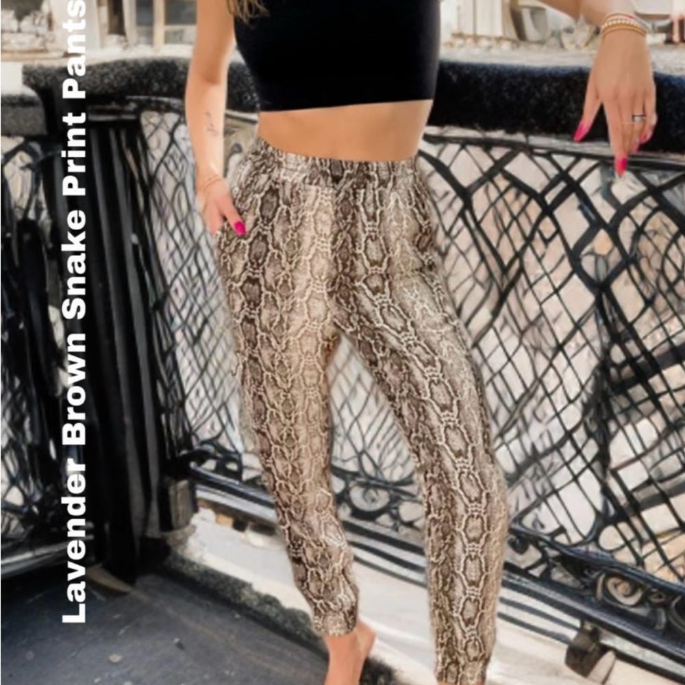 Lavender Brown Snakeskin Print Elastic Waist Pants
